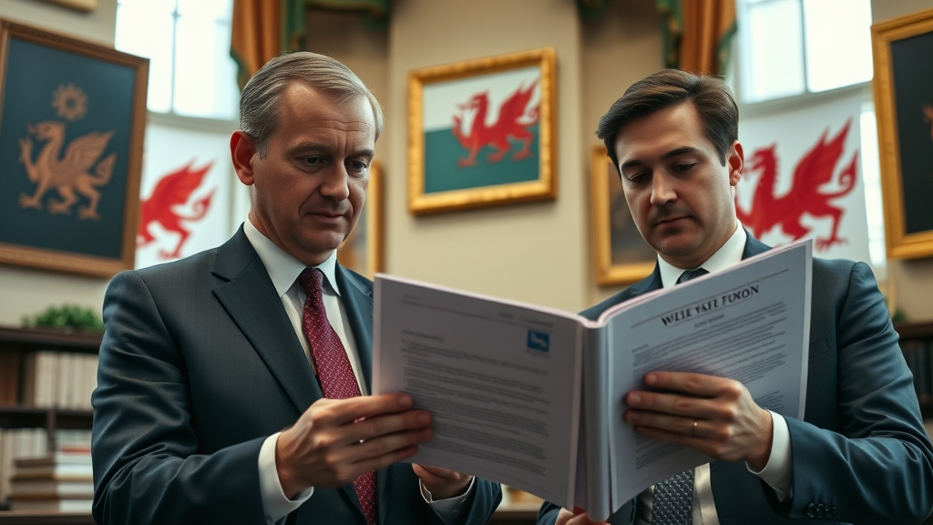 authoritative Welsh government officials, professional expressions, reviewing policy documents, Welsh symbols and flags, abergavenny launches its own local media service