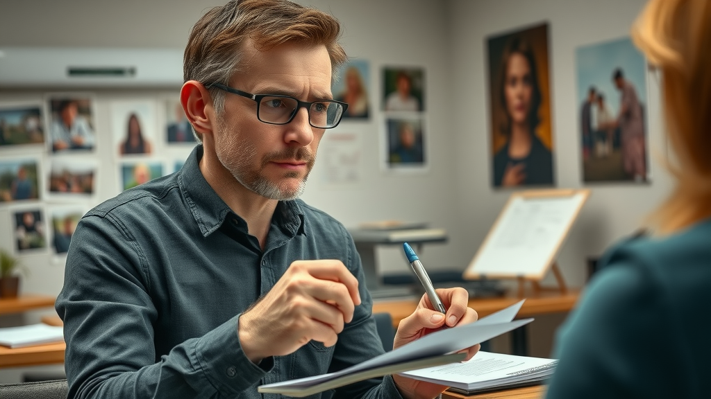 determined local journalist at work, thoughtful, interviewing a community member, Photorealistic High Fidelity Lifelike, Abergavenny newsroom setting with notepads and community photos in the background, highly detailed, dynamic pen-and-paper moment, muted natural tones, soft indoor lighting, shot with a 50mm lens.