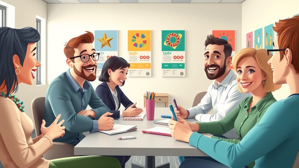 animated local business meeting, optimistic, people networking and exchanging ideas, 2D Cartoon, meeting space in Abergavenny with community banners and posters, highly detailed, gesturing hands, fresh pastel colors, bright artificial lighting, wide-angle lens.