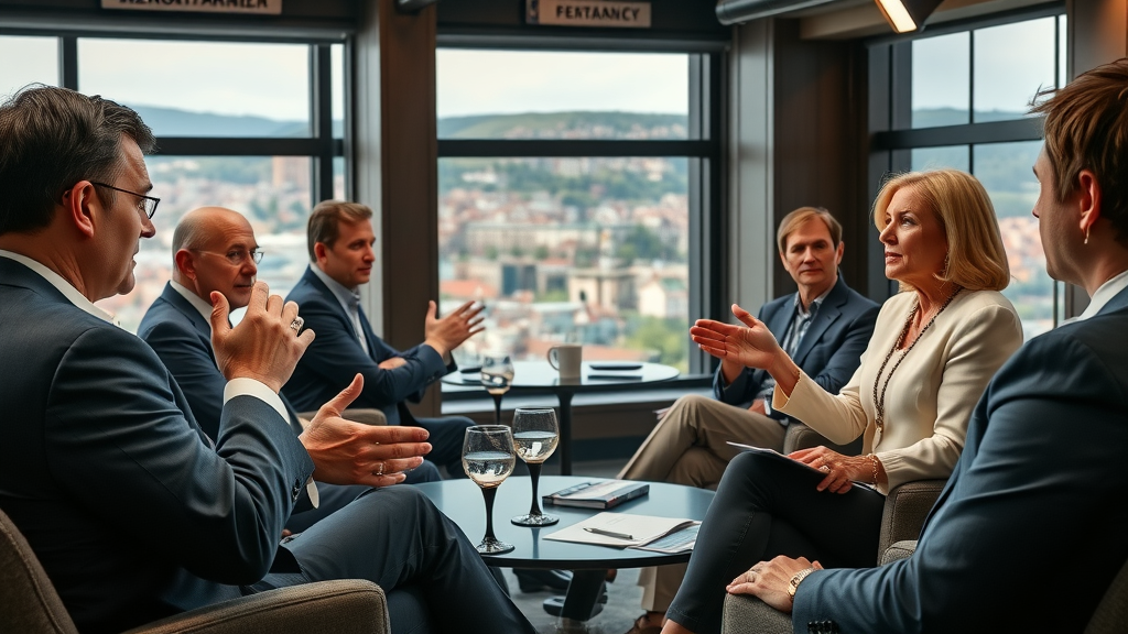 insightful panel of media experts, analytical, panelists sharing viewpoints, High Fantasy, elegant media room with Abergavenny cityscape visible through windows in the background, highly detailed, gesturing hands and attentive audience, subtly rich jewel tones, controlled spotlighting, shot with an 85mm lens.