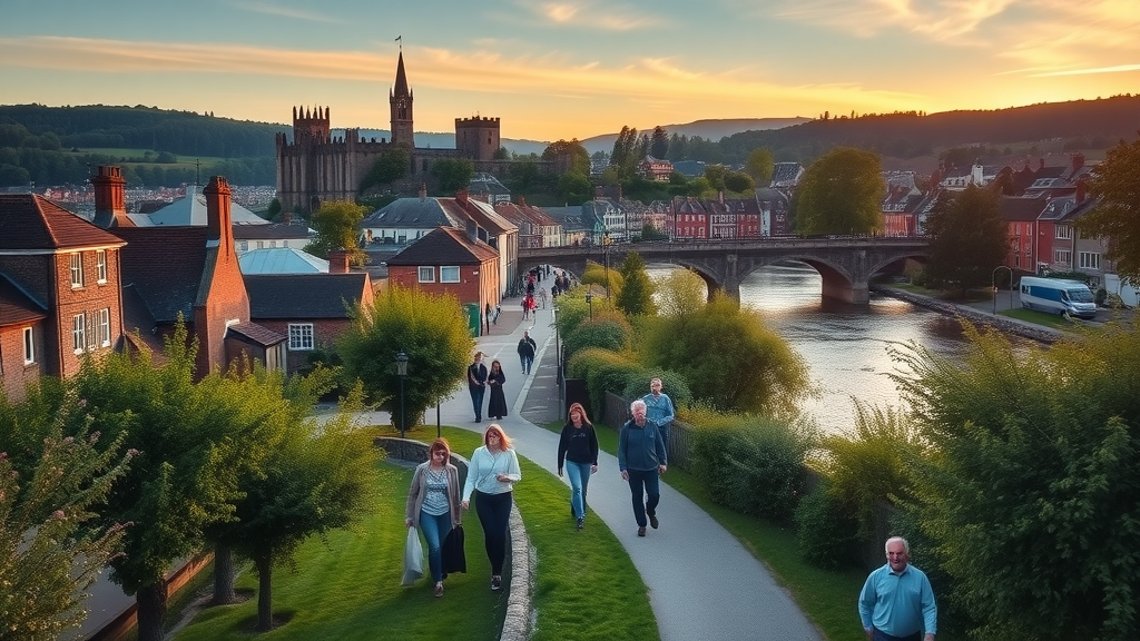 inspiring townscape of Abergavenny at sunset, peaceful, townspeople walking together near historic landmarks, Photorealistic High Fidelity Lifelike, Abergavenny castle and bridge in the background, highly detailed, gently flowing river and tree-lined path, natural dusk colors, golden hour lighting, shot with a drone lens.