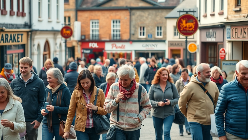 Vibrant Abergavenny town centre bustling with residents, iconic market square, Welsh signage, lively market activity