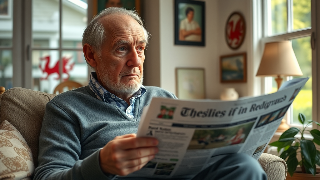 Elderly Welsh resident reading newspaper at home concerned about local news community updates