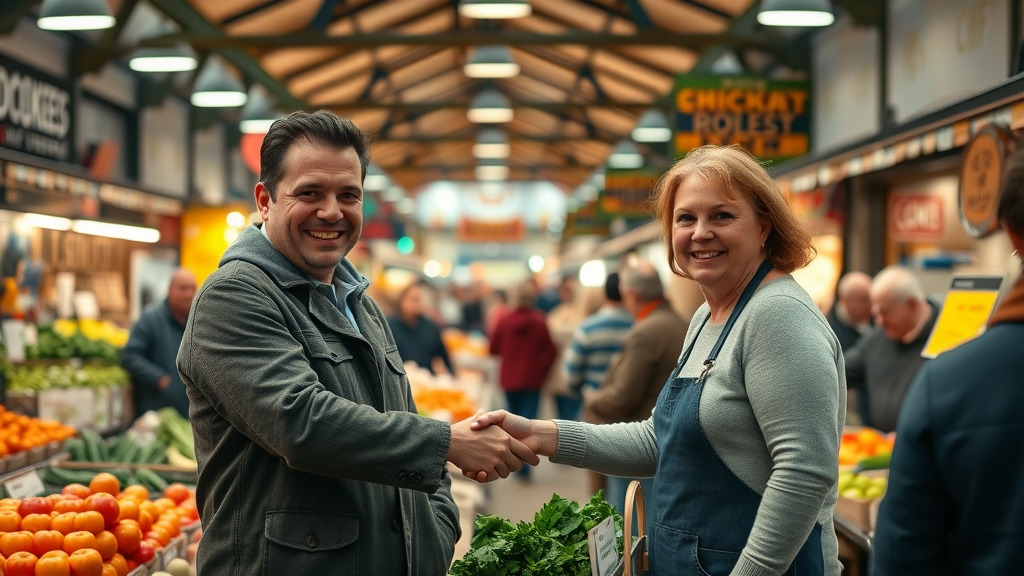 Abergavenny local business owners handshake over fresh produce at vibrant market hall, showcasing local food and community