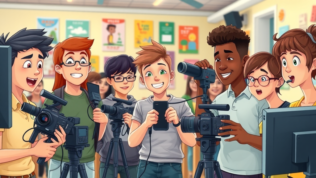 Diverse teenagers at Abergavenny media workshop, operating cameras, producing local news content, enthusiastic and engaged