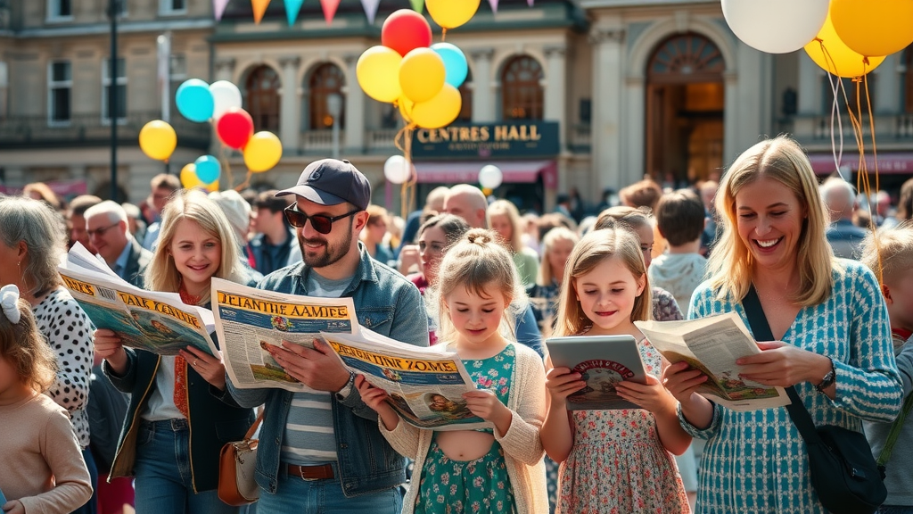Joyous Abergavenny community event, families celebrating, reading newspapers and using tablets, town hall festival atmosphere