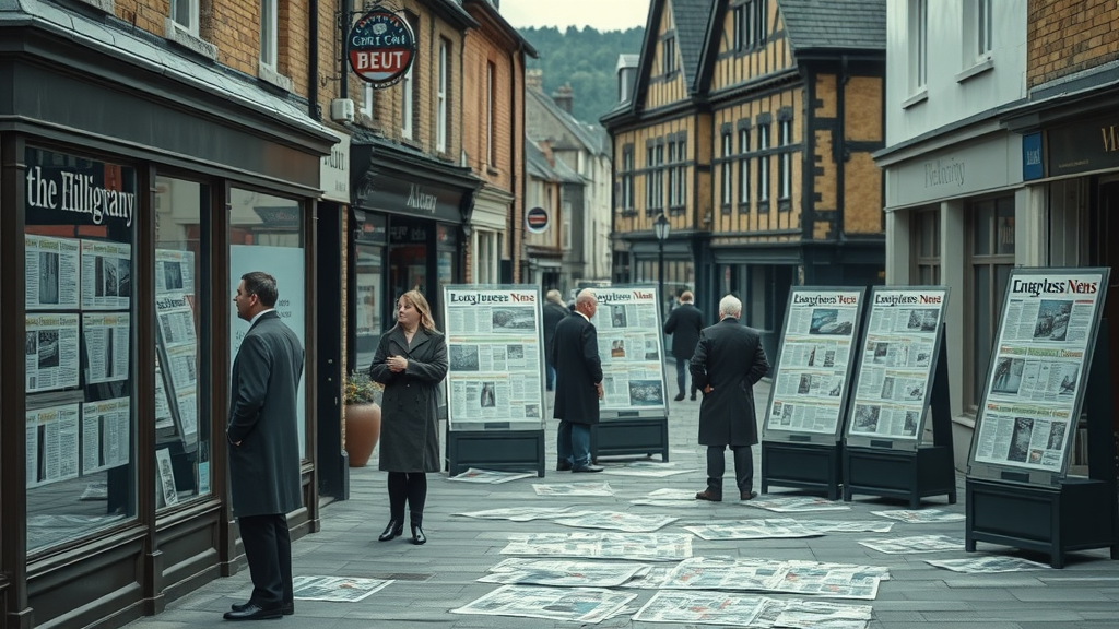 Abergavenny launches its own local media servi ce - somber high street with closed newspaper stands, thoughtful townsfolk looking at empty displays, historic architecture, wind rustling newspapers, muted colors, overcast lighting