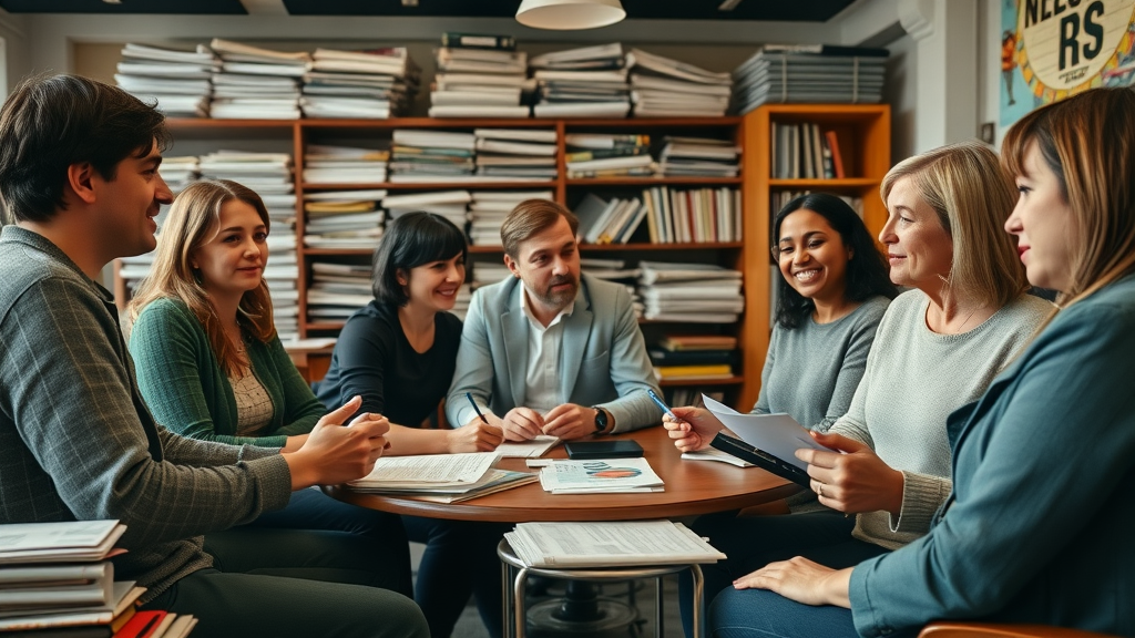 Abergavenny launches its own local media servi ce - uplifting community newsroom, diverse journalists collaborating with residents, cozy newspaper setting, animated conversations, natural indoor lighting