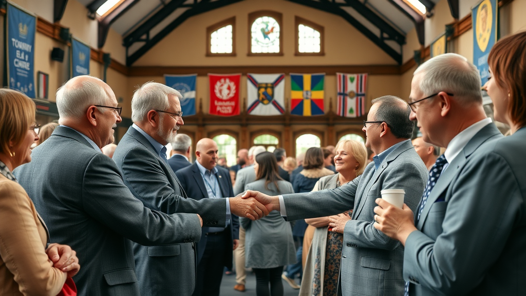 Abergavenny launches its own local media servi ce - vibrant town hall meeting, community leaders and business owners, unity in historic setting, natural daylight, banners and local symbols