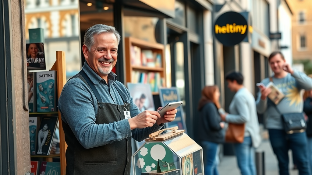 abergavenny launches its own local media servi ce - engaged local shopfront, happy business owner arranging promotional display, customers conversing, vibrant morning street scene