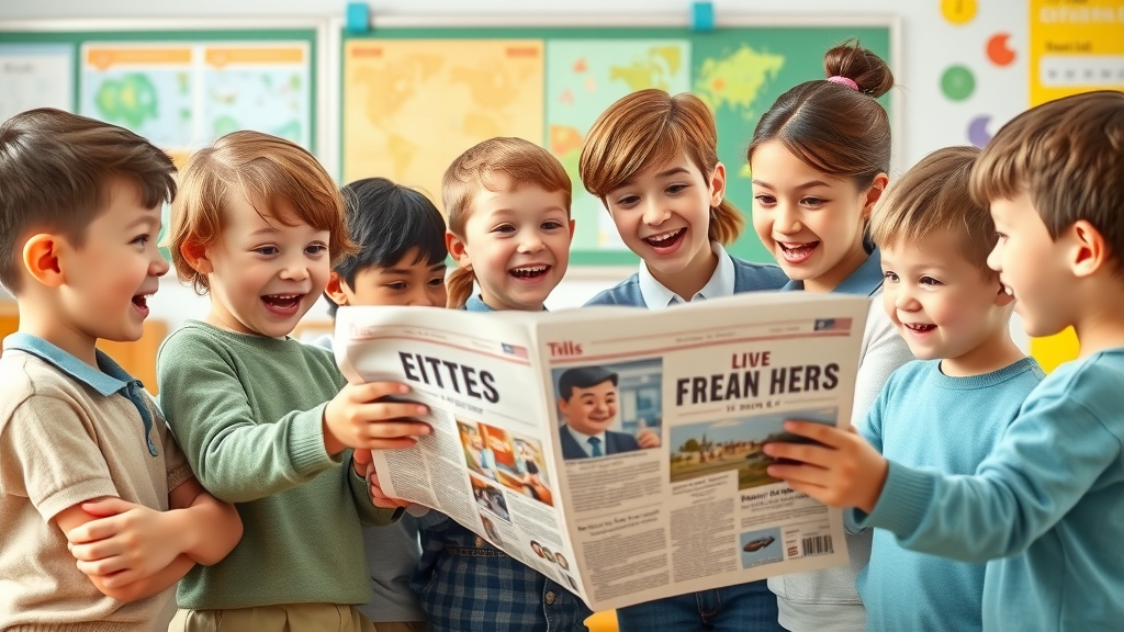 abergavenny launches its own local media servi ce - cheerful primary school children and teachers, engaging with printed newspaper, classroom discussion, wall maps, bright and playful energy
