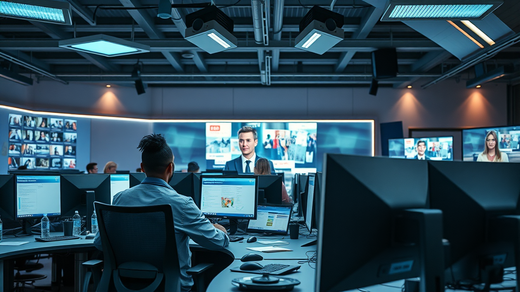 Modern digital newsroom, diverse local journalists at computers, engaged and collaborating. abergavenny launches its own local media servi ce team in action.