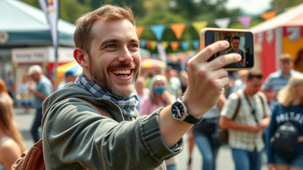 Friendly community member capturing a photo at a bustling local Abergavenny festival. abergavenny launches its own local media servi ce empowering resident participation.