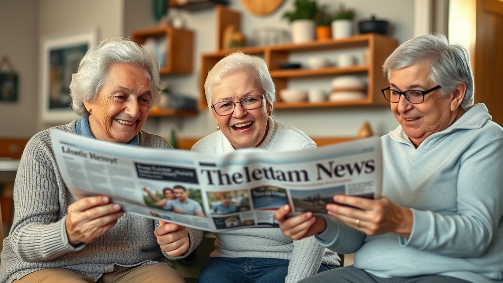 Elderly and young residents joyfully engaging with news, reading printed and digital versions of abergavenny launches its own local media servi ce.