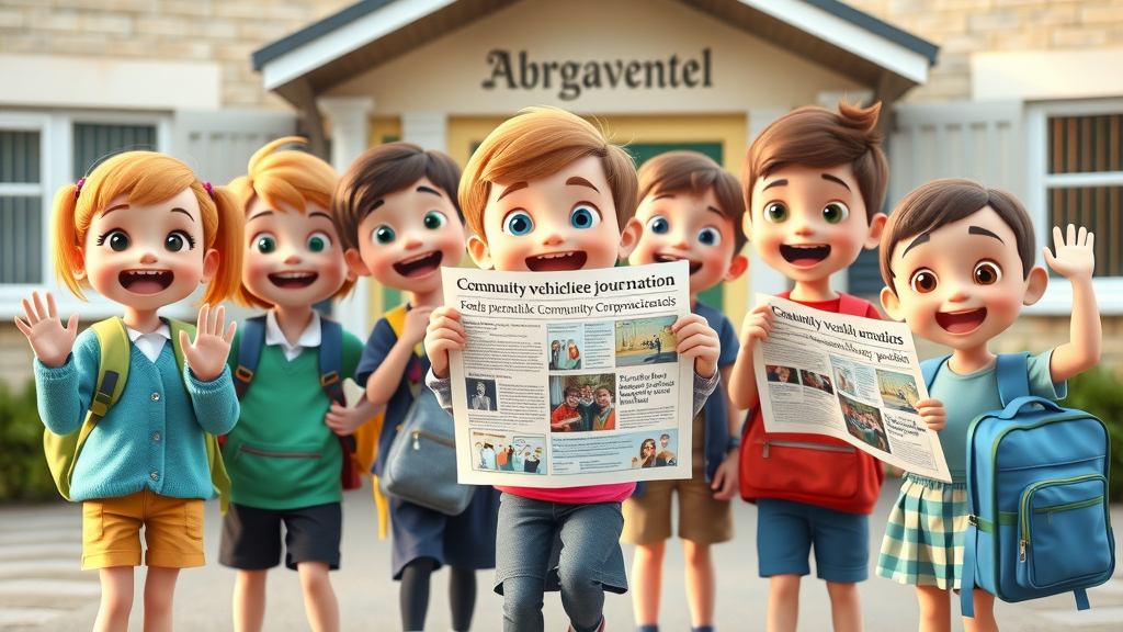 Excited primary school children and journalists present a community newsletter – abergavenny launches its own local media servi ce supports school reporting.
