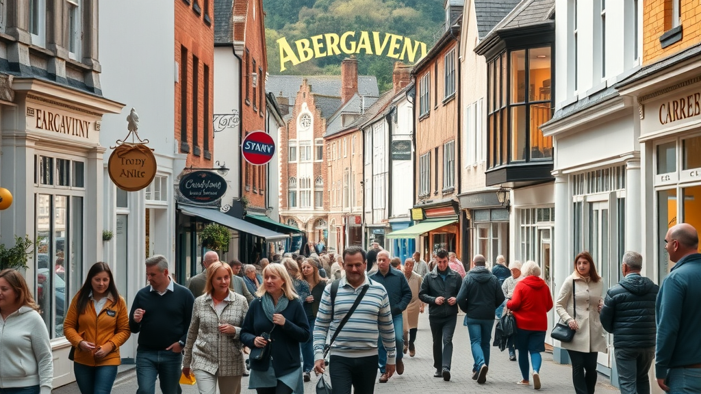 Vibrant abergavenny launches its own local media servi ce in Abergavenny town centre: bustling crowds, local shops, and lively community atmosphere