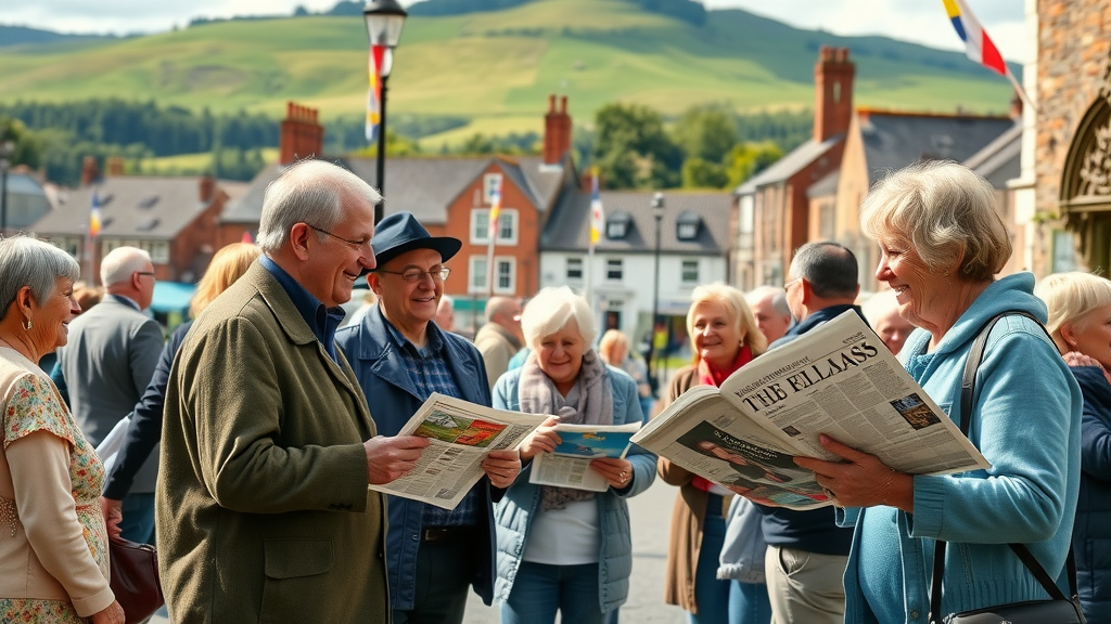 vibrant Abergavenny town square, community members interacting, people smiling and exchanging newspapers, historic town buildings and green hills in background, abergavenny launches its own local media servi ce