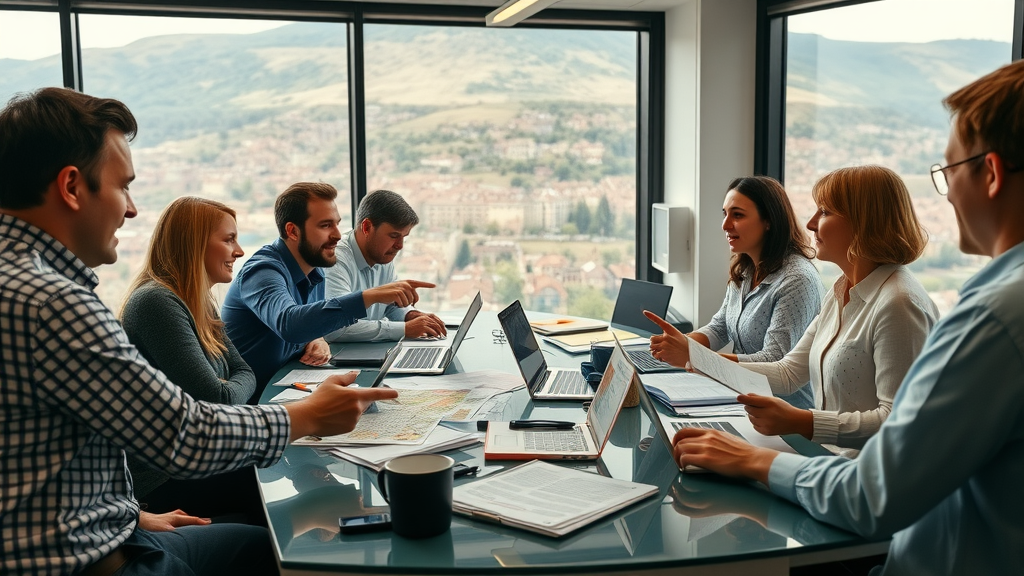 dynamic newsroom scene, journalists working together, abergavenny launches its own local media servi ce, Abergavenny hillside view