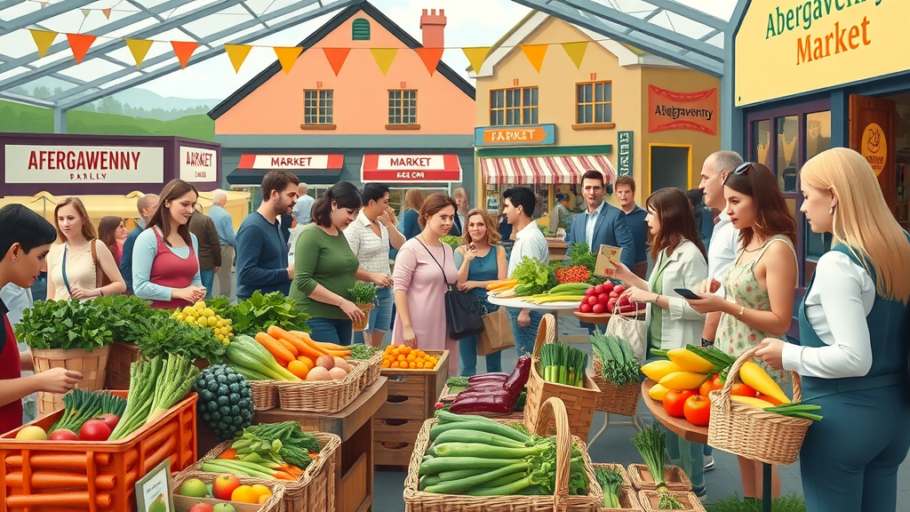 bustling farmers market, local food producers proudly displaying fresh produce, abergavenny launches its own local media servi ce, Abergavenny market buildings