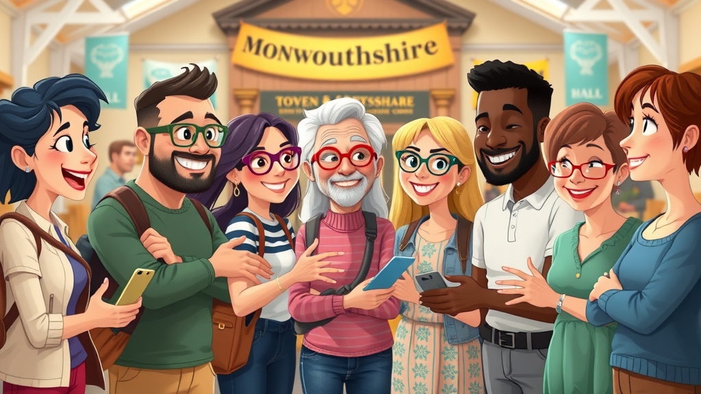 Diverse community group in Monmouthshire collaborating in a cheerful public space, cartoon-style, energy and local pride abound