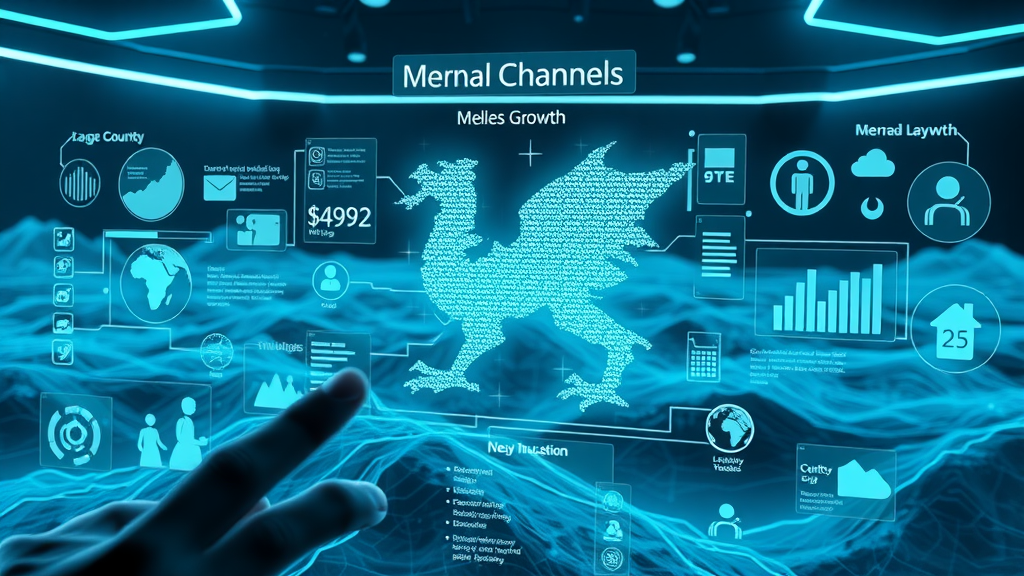 Infographic of monmouthshiremedia.com’s digital growth and Welsh media presence, holographic icons over Monmouthshire map
