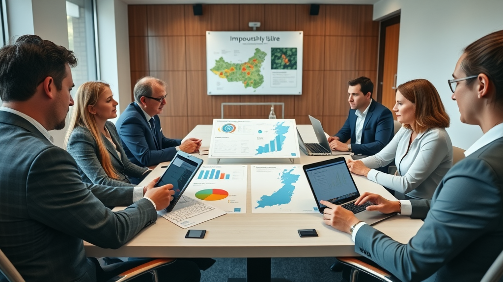 Business leaders and monmouthshiremedia.com staff reviewing impact statistics, boardroom with Monmouthshire maps and charts, professional collaboration