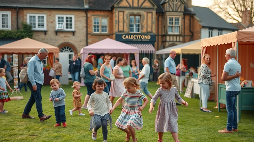Local families, business owners, and charity volunteers at a scenic Monmouthshire fair, historic architecture, vibrant afternoon community spirit