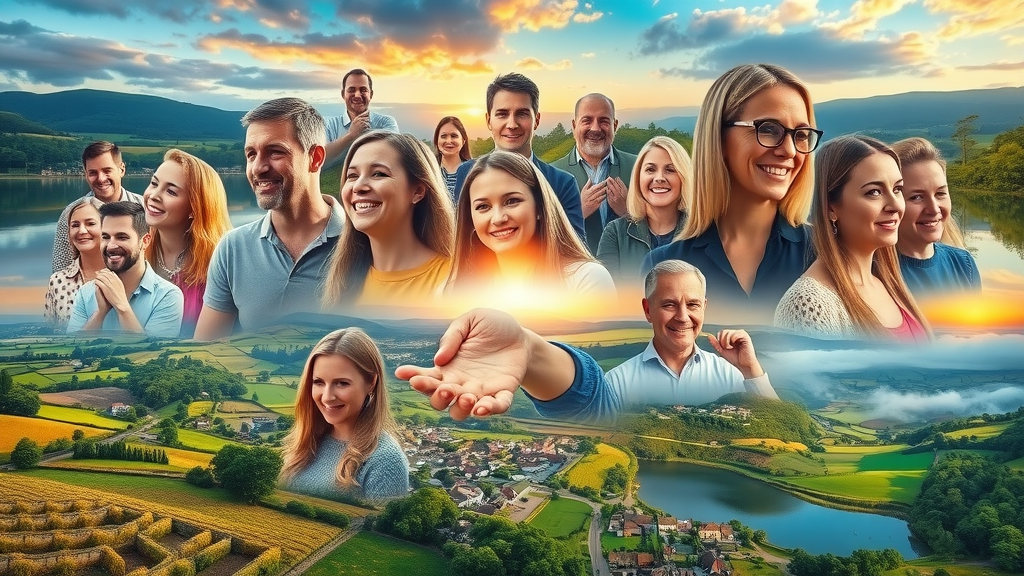 Collage highlighting Monmouthshire community success stories, digital hubs, local faces, and business partners, vibrant connected spirit