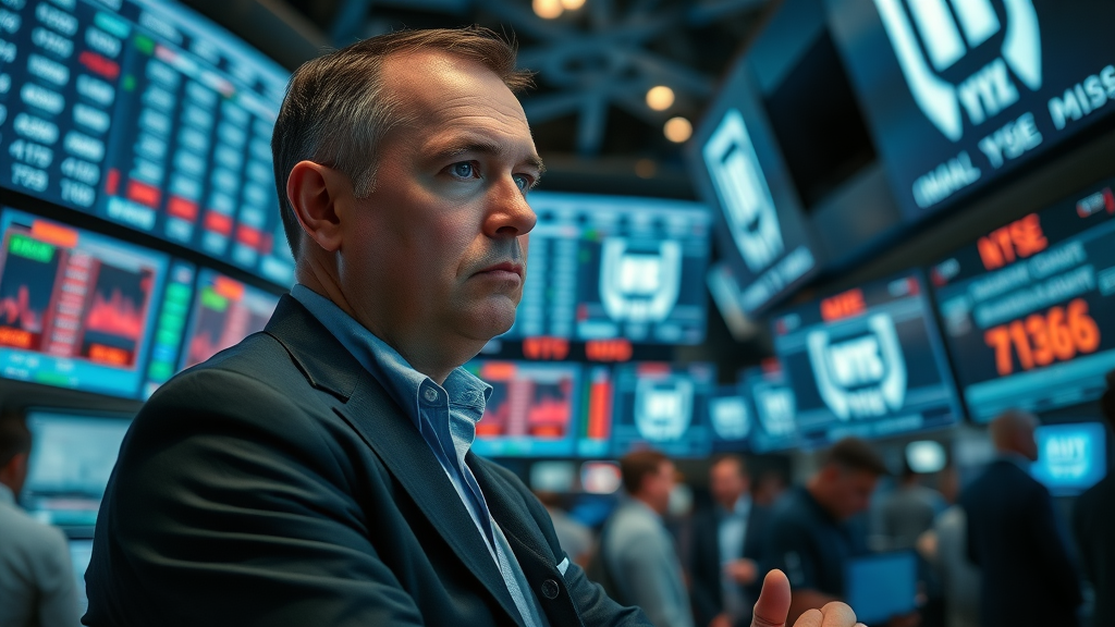 solemn financial analyst, focused on market reaction to Federal Reserve live broadcast, highly detailed trading floor with digital screens updating market data