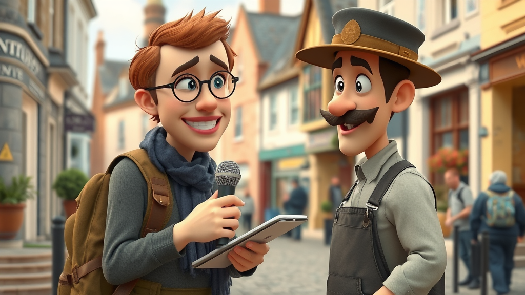 thoughtful regional reporter interviewing local entrepreneur on Monmouthshire street, animated townspeople with iconic architecture, highly detailed scene