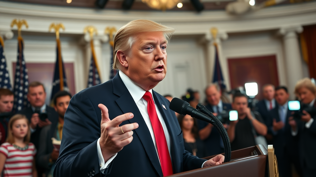 President Trump speaking at economic press conference, busy press room, journalists taking notes, business news coverage event