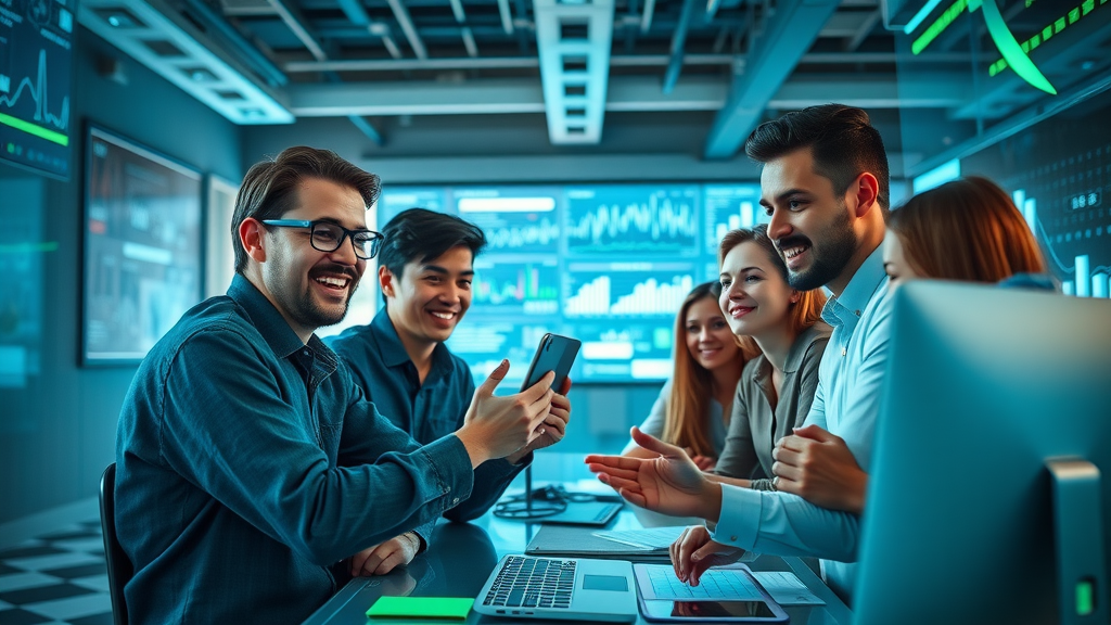 optimistic young entrepreneurs brainstorming startup ideas in futuristic co-working space with digital screens, high-tech data center themes