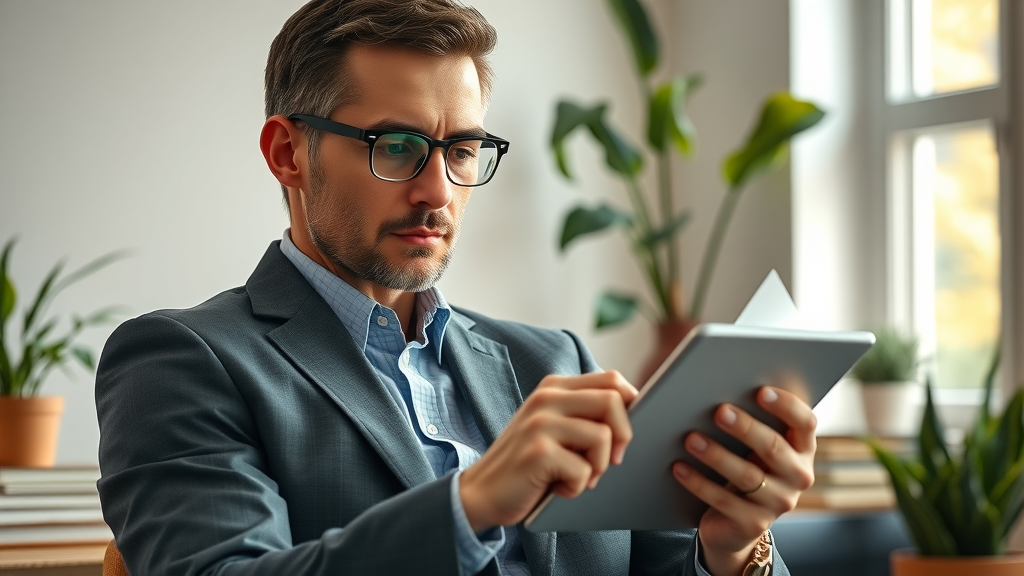 intelligent business reader, analyzing financial news on digital tablet, modern home office with financial charts, high fidelity detail