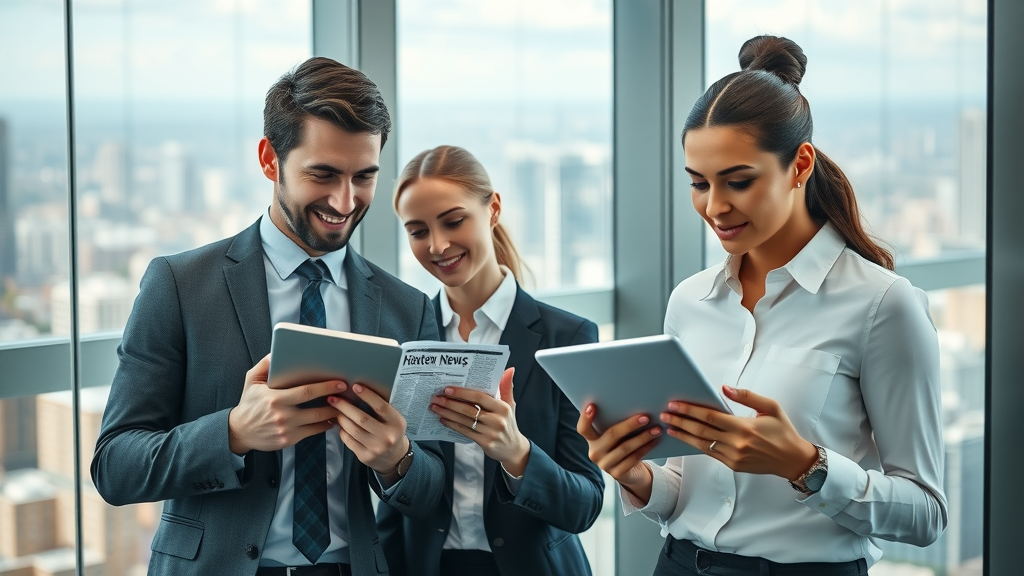 business news professionals collaborating and reading digital news in office skyscraper