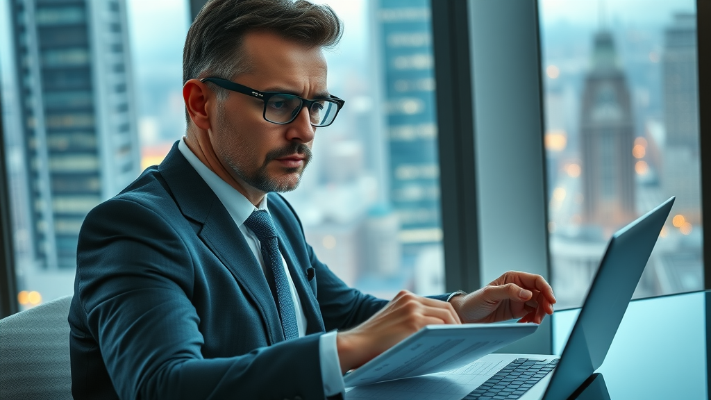 focused executive analyzing business news and financial graphs on laptop