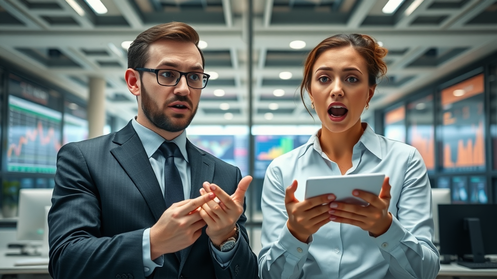 business news impact: confident professional vs. confused competitor in office environment