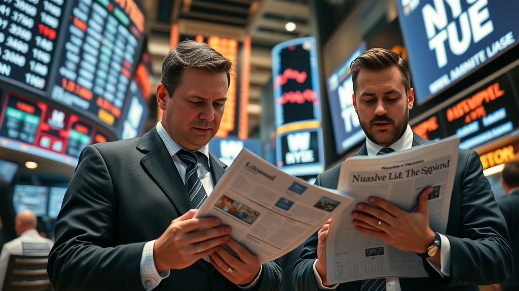 wall street professionals reading business news and analyzing stock data