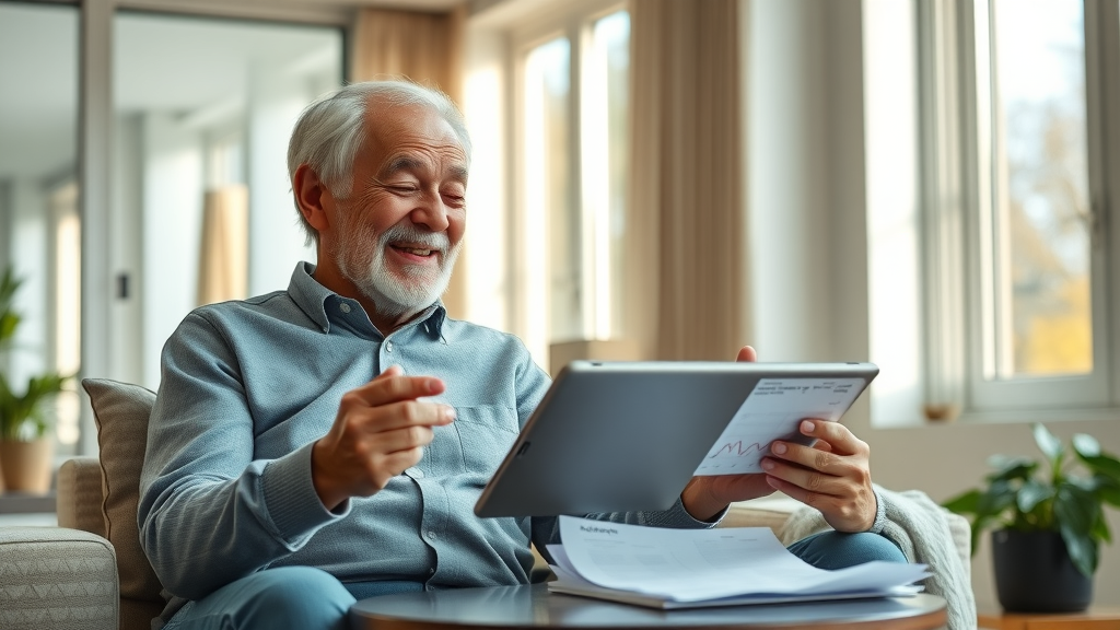 retiree couple reviewing personal finance news and digital graphs at home