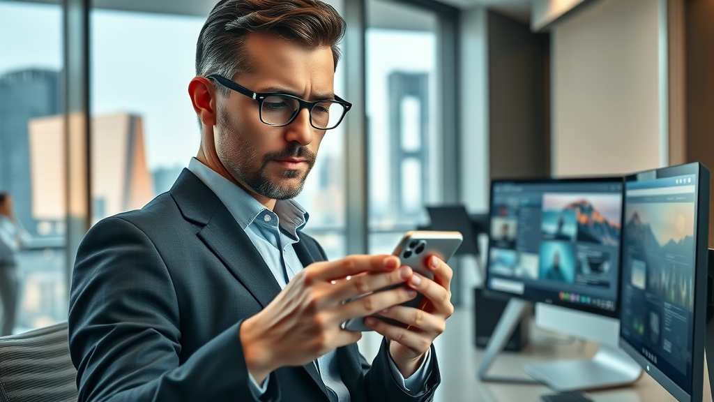 entrepreneur in modern office reviewing breaking business news updates
