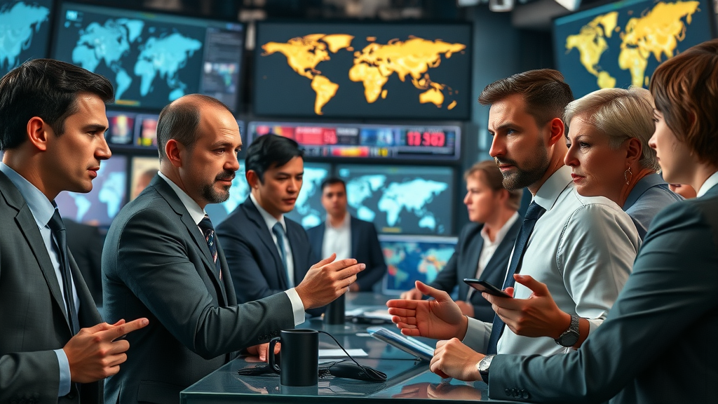 compelling newsroom with journalists in action, focused and determined expressions, analyzing streams of breaking headlines and data, modern newsroom with glowing screens and world maps, lively discussion, business news