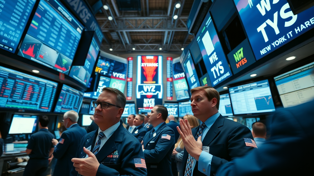 dynamic New York Stock Exchange trading floor, traders analyzing financial data, wall street, latest market updates, bustling financial district, business news