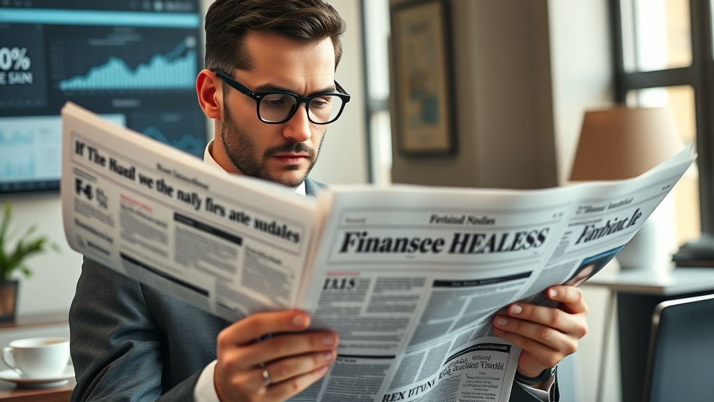 prestigious financial newspapers, wall street journal, confident reader skimming business news headlines, digital screens for latest market updates