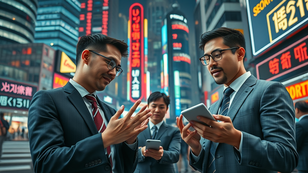 vibrant seoul financial district, south korean businesspeople analyzing market news, digital market tickers, business news south korea, global headlines