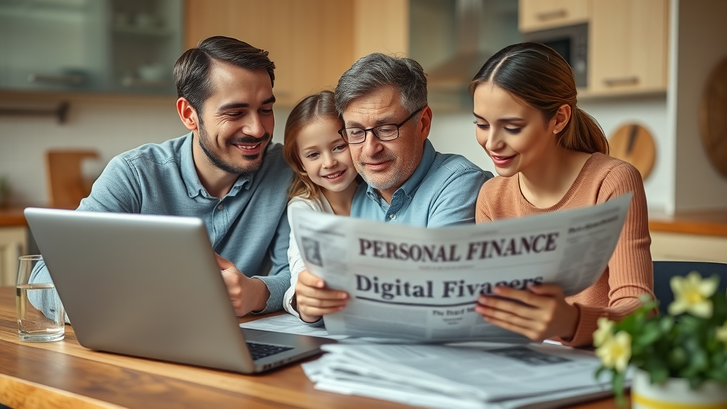 thoughtful family at kitchen table, reviewing personal finance news, making personal investment decisions, business news, digital investments