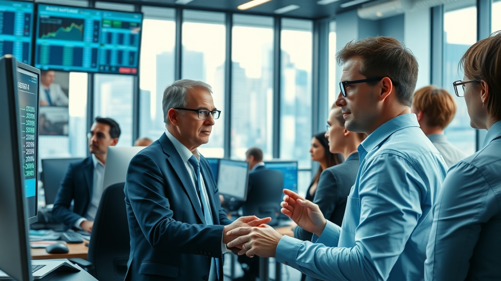 dynamic business newsroom, focused analysts and investors, reviewing monitors and discussing latest stock news, bustling press office with glass walls and cityscape, blue and white color palette, information streaming on screens