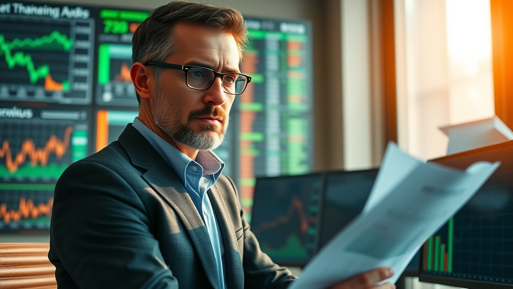 insightful investor, thoughtful expression, analyzing fluctuating financial graphs, modern office with digital dashboards, vibrant market trend lines