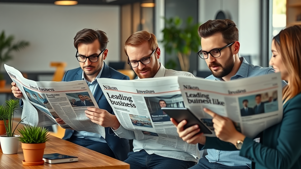 curious investors, examining leading business newspapers and tablets with real-time news, co-working space, digital tickers