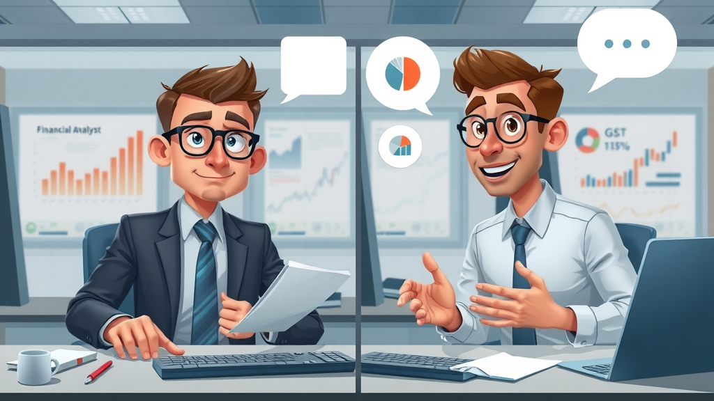 contrasting financial analysts, analytical vs. opinionated, split-screen office with charts, cartoon style