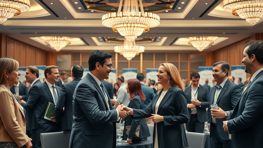 elite business professionals, networking at high-profile summit, roundtables, elegant ballroom, animated mingling