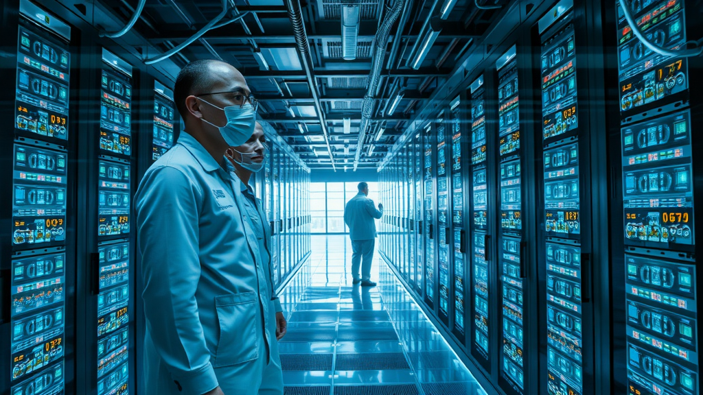 innovative data center, efficient technicians and glowing servers, futuristic server room, light passing through cables